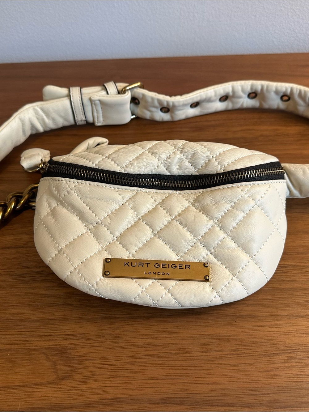 Kurt Geiger Cream Quilted Leather Mini Belt Bag with Gold Plate